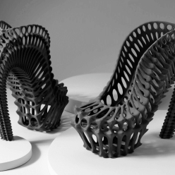 3D printing capabilities presents a pair of women's shoes highly designed in an organic shape